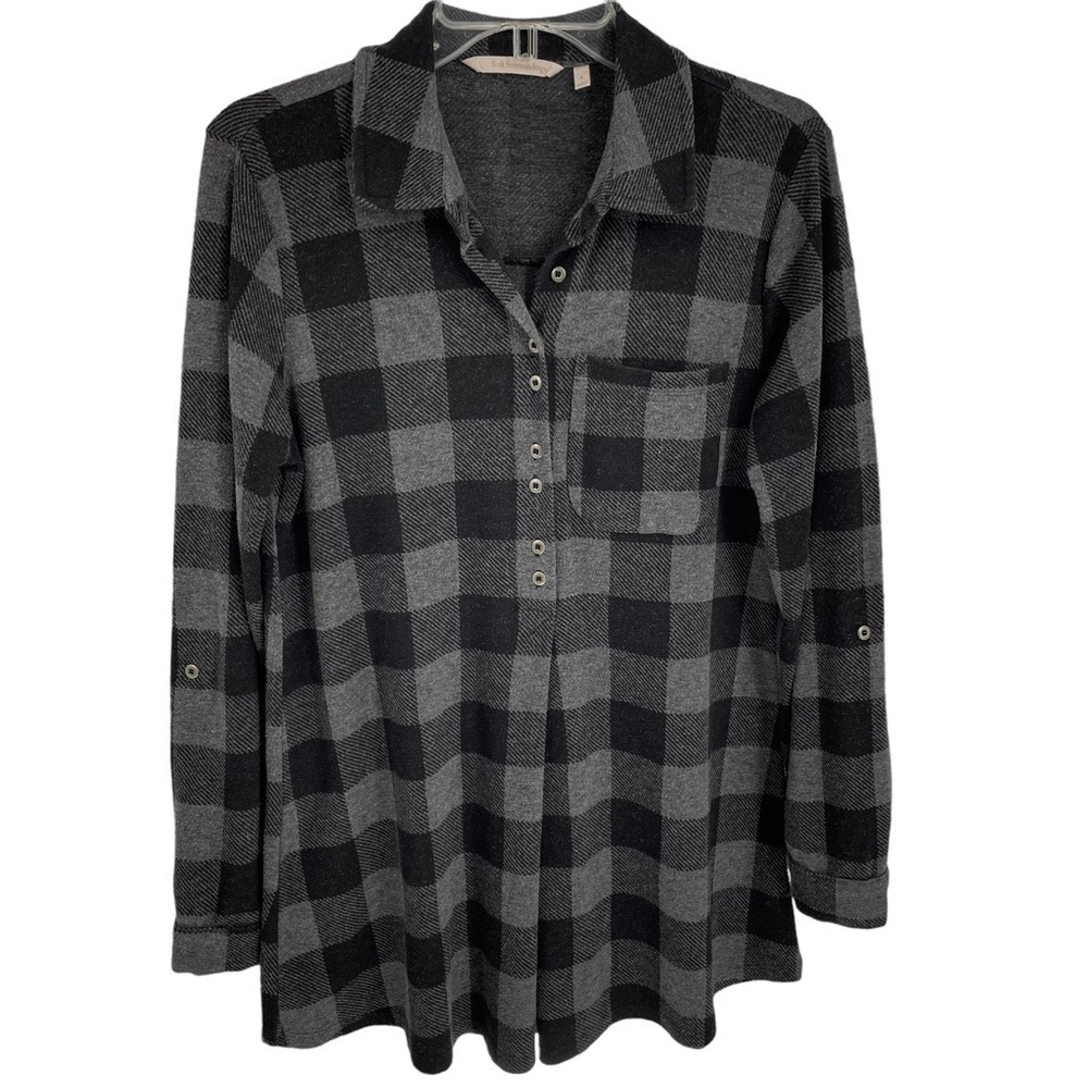 Soft Surroundings Mad About Plaid Gray Button Tunic Top - Sz S